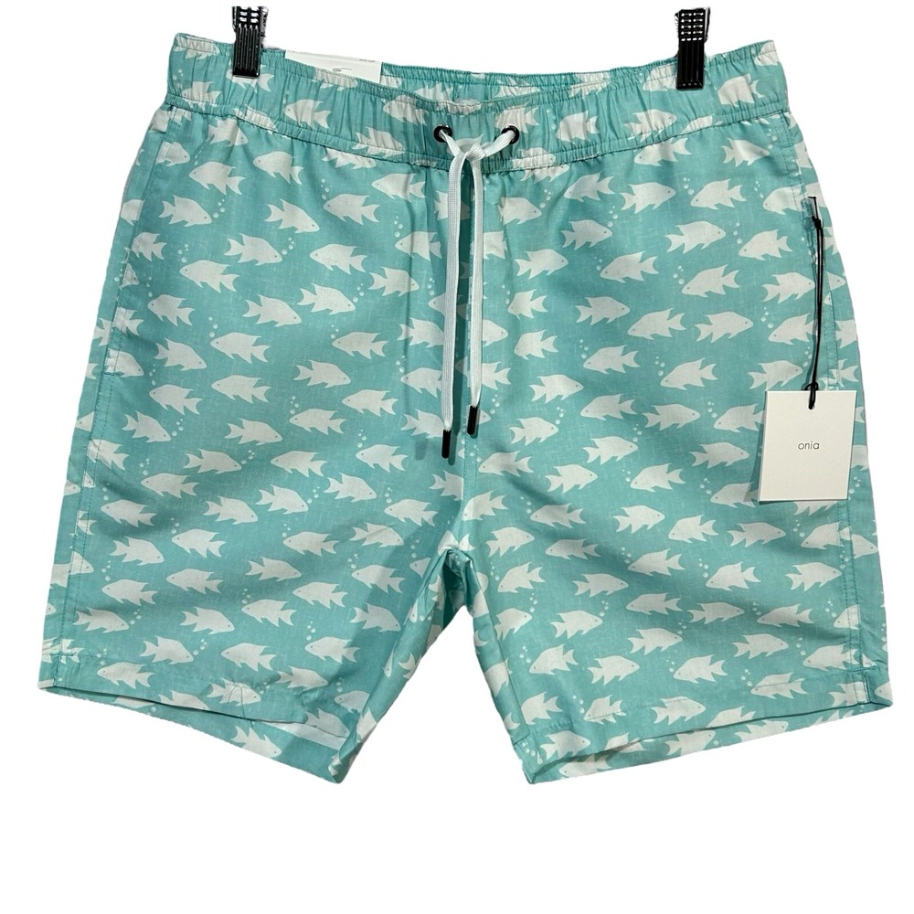 Onia Men's Lined Swim Trunks Size M (32X7) Aqua-White Fish Ocean Print Quick Dry